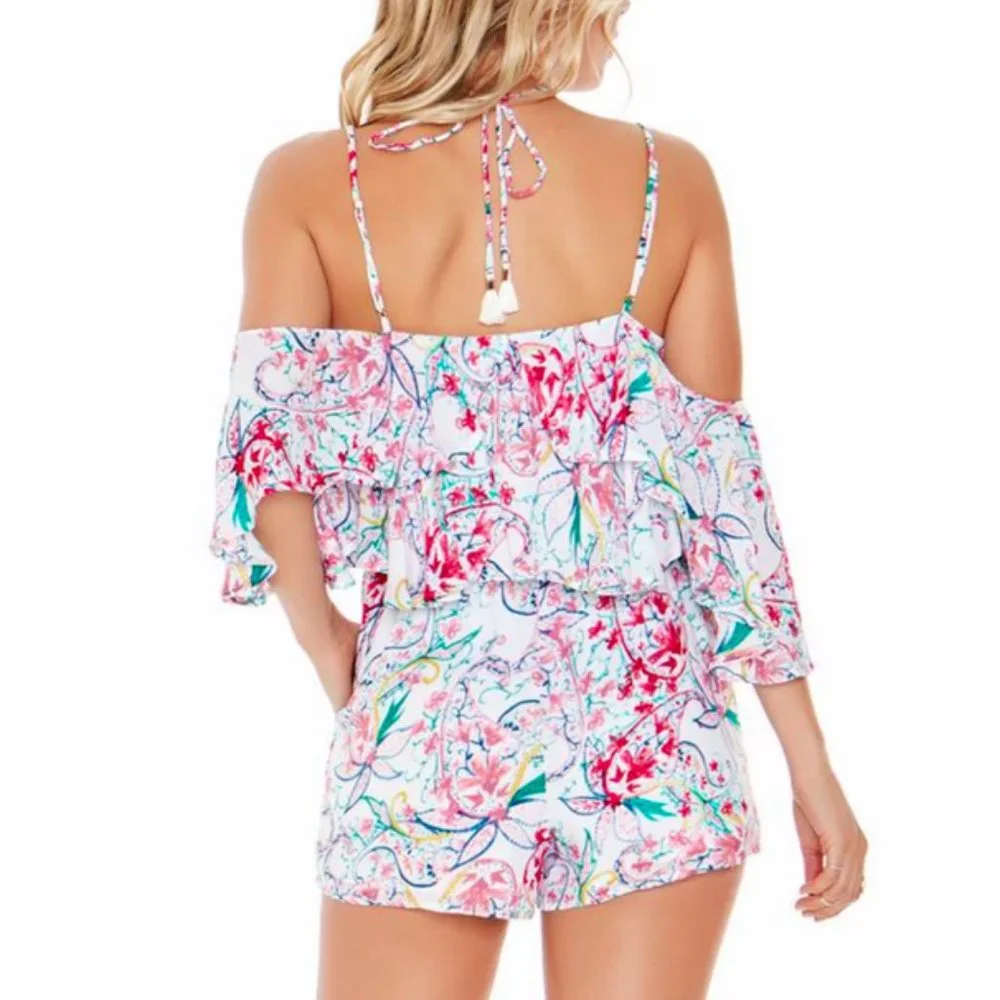 L*SPACE WHITE PINK PRINTED COLD SHOULDER ELASTIC WAIST SEASIDE LINED ROMPER - Picture 2 of 3